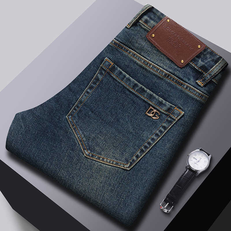 Guangzhou Xintang Mens Jeans Light Luxury Korean Style Thick Elastic Slim Fit Washed Printed European Style Pants L26624