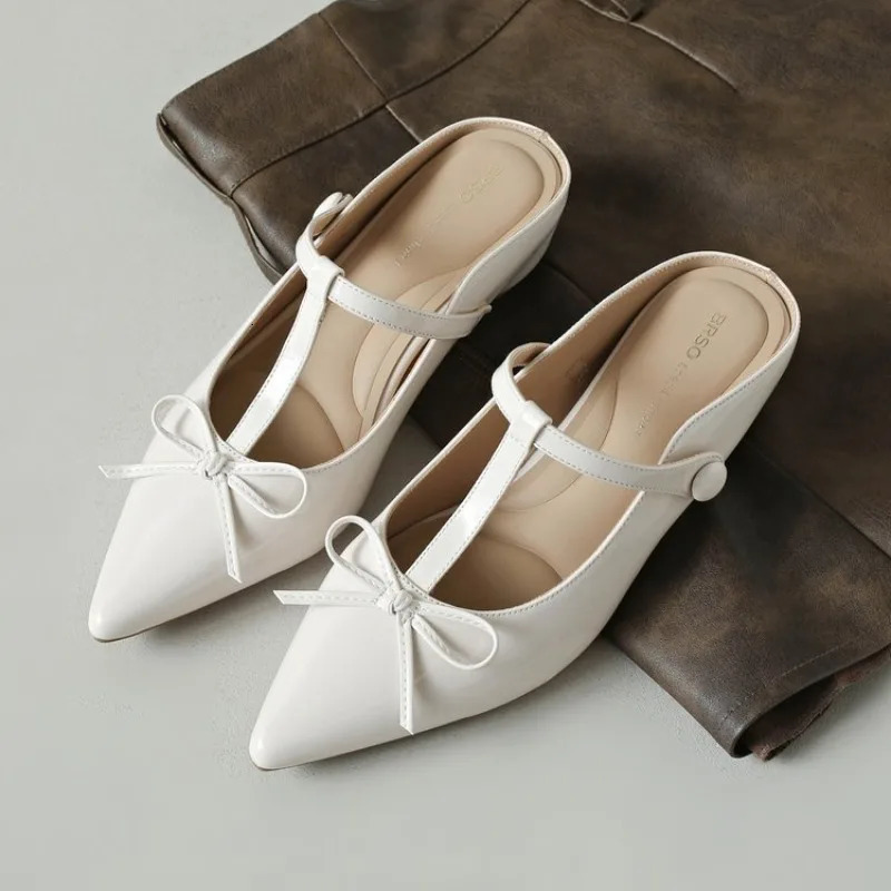 Soft Leather Mary Jane Shoes French Style Pointed Toe Womens Spring Summer Mules Increased Height Butterfly Knot Single Shoe 260624