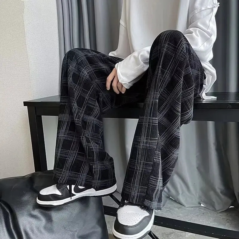 Checkered pants mens spring and autumn plus fat plus size trendy loose Korean version versatile wide leg casual pants spor 260622