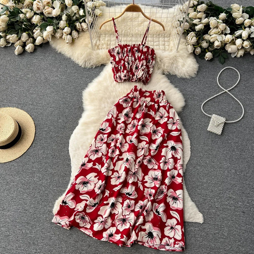 2026 Holiday Floral Print Two Pieces Suits Zipper n Slim Tank Top A Line Long Skirt Vintage Bohemian Beach Sets 260623