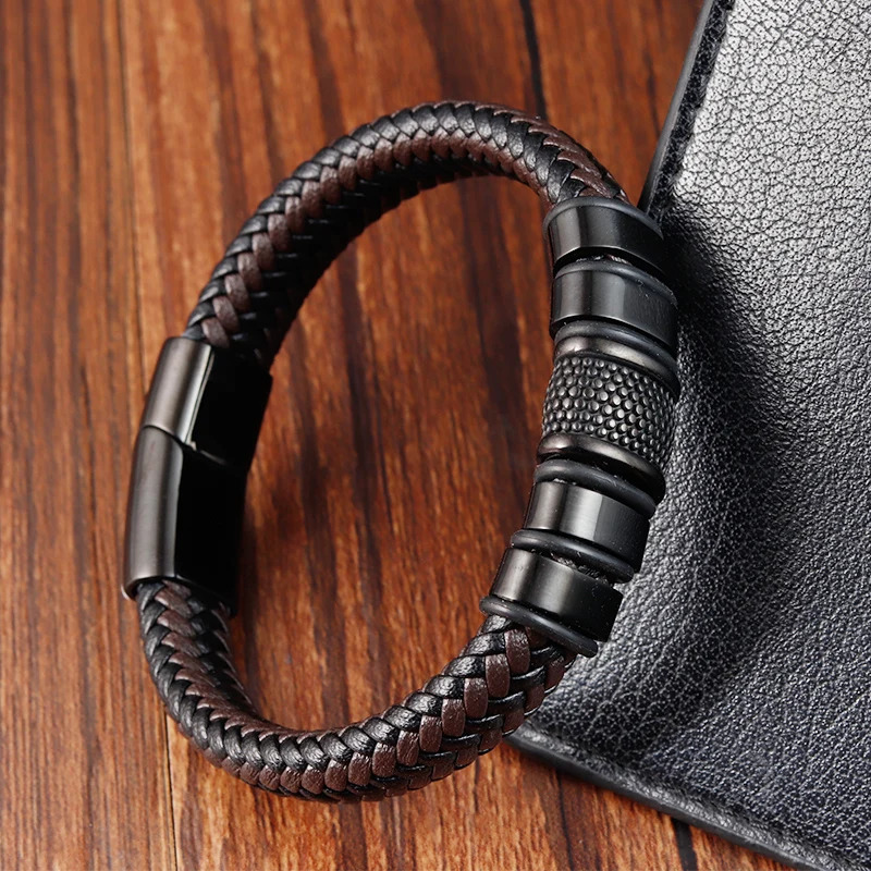 Fashion Handmade Mens Leather Bracelet Trendy Classic Charm Braided Wrap Stainless Steel Bracelets Punk Bangles 260624