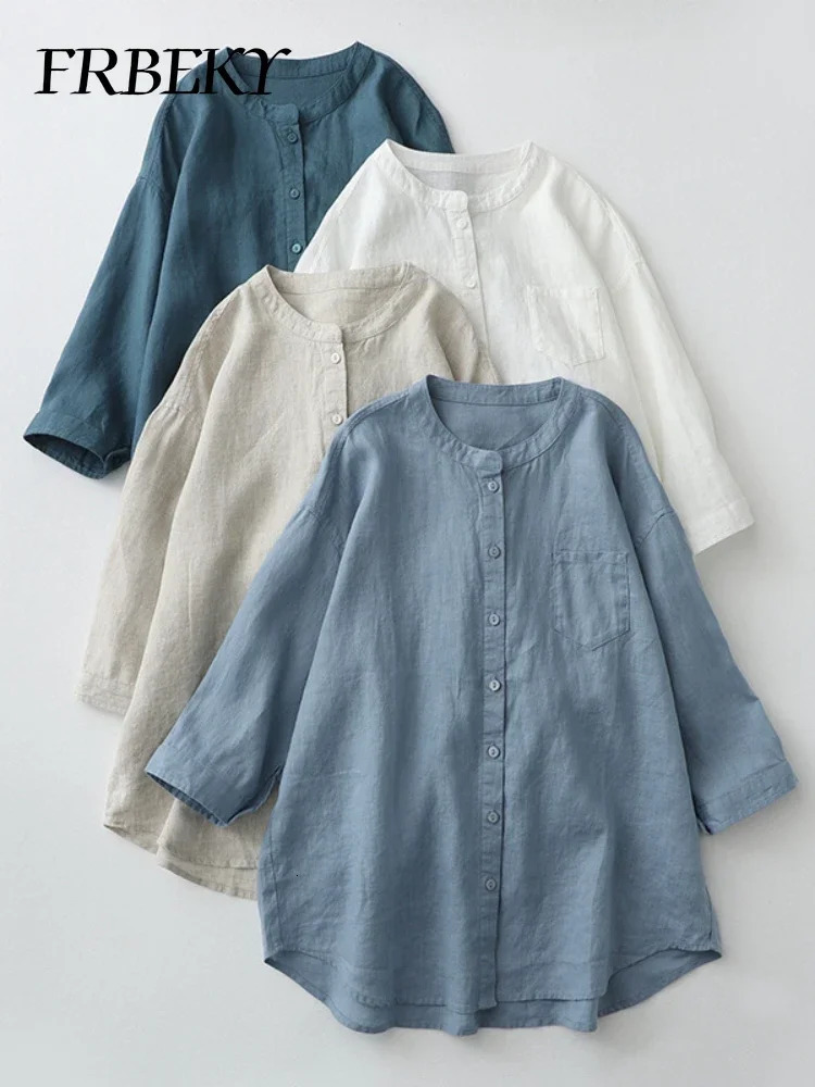 Summer Cotton Linen Solid Color Shirt Standup Collar Sevenminute Sleeve Loose Japanese Womens Blouse Oversized Vintage 260623