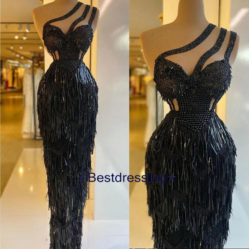 African Black Sexy One Shoulder Prom Dresses Sequins Beaded Tassel Mermaid Evening Gowns Woman Formal Party Birthday Dress Bd624