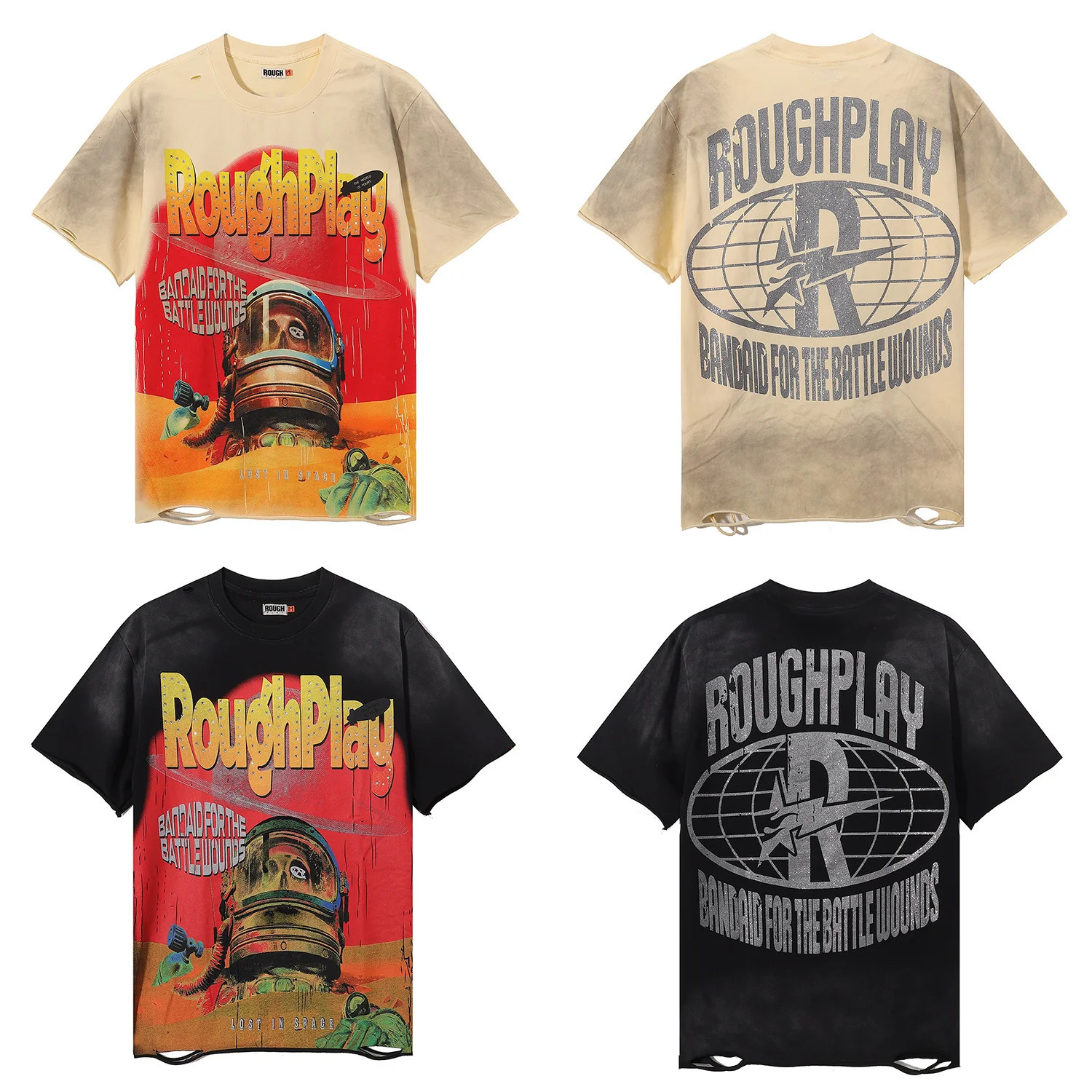 RoughPlay Lost In Space stamping holes washing water to make old short sleeved mens and womens T-shirts 100 cotton tops 260622