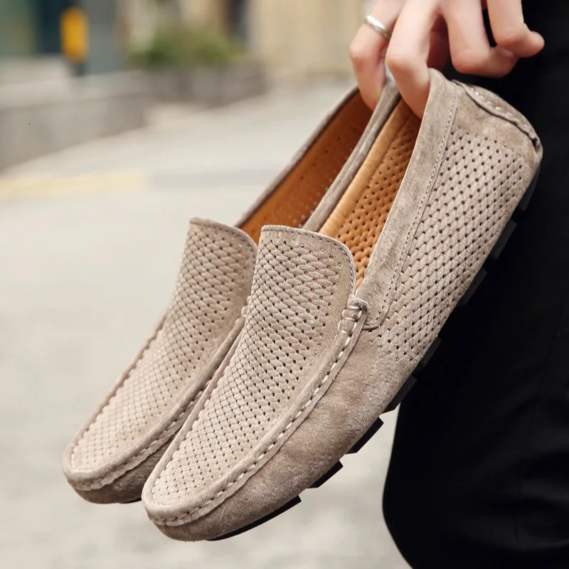 Genuine Leather Mens Summer shoes breathable Cool Slip On Casual shoes Fashion Hollow Out Loafers Comfortable Driving shoes 260623
