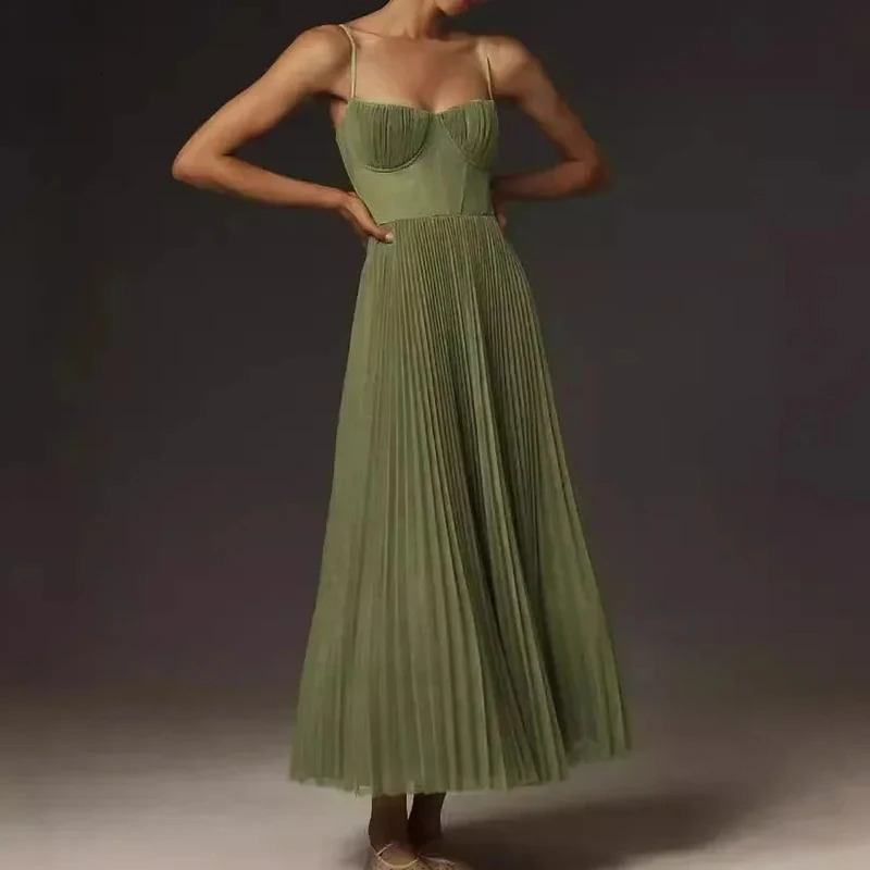 Sexy Evening Dress Womens Elegant Pleated Big Swing High Waist Suspender Long Dresses Trendy Chic Party Cocktail Dress 260617