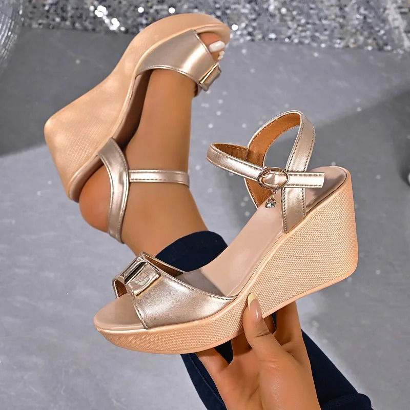 Style Super High Heel Womens Wedge Sandals Fashionable Solid Color Buckle Sandals Summer Elegant Party Women High Heels 260623