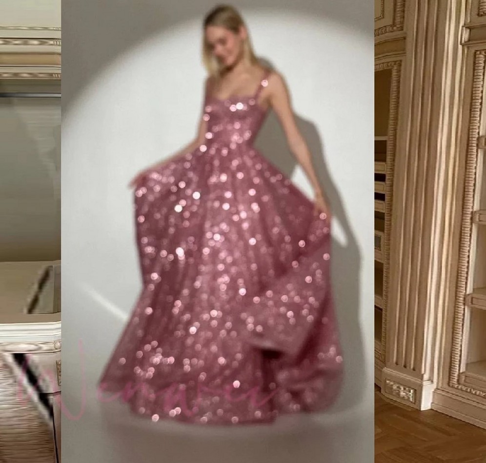 Shiny Sequins Prom Pageant Dress Dark Pink Spaghetti Strap A-line Floor Length Evening Birthday Formal Party Gowns Arabic vestidos de noche