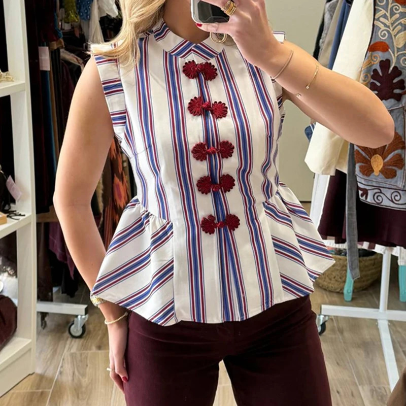 Women Striped Mandarin Collar Peplum Top Shirt Vintage Sleeveless Frog Button Blouse Vest Coquette Chinese Style Casual Tank Top 260623