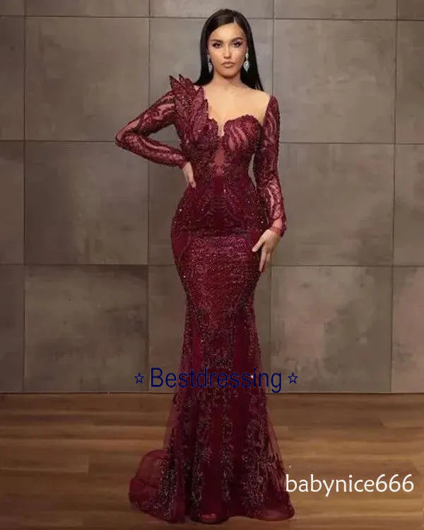 Arabic Aso Ebi Burgundy Lace Beaded Evening Mermaid Sheer Neck Prom Dresses Long Sleeves Formal Party Second Reception Gowns N19 Bd624