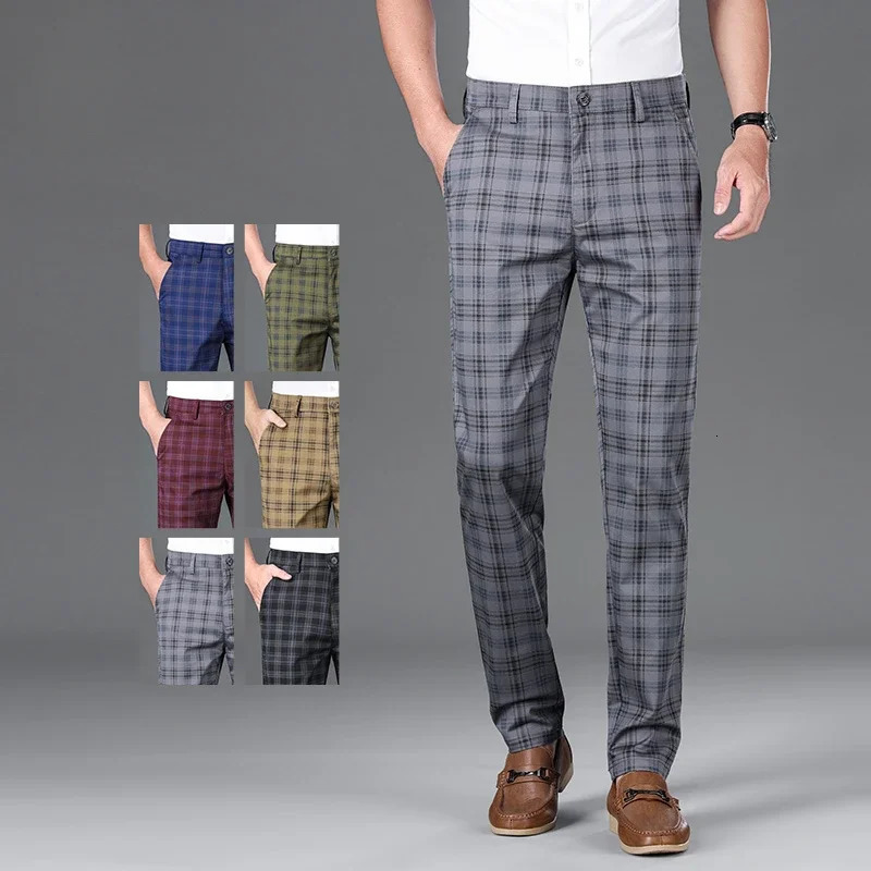 Summer Classic Simple Straight Casual Pants for Men Personalized Checkered Versatile Stretch Business Casual Slim Trousers 260622