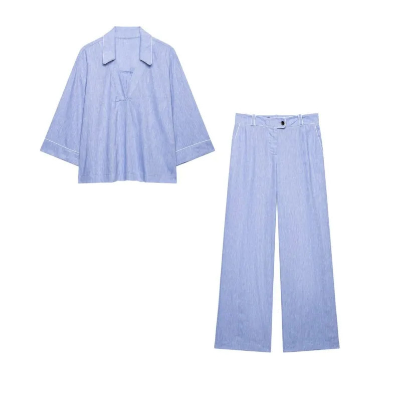 Womens HighWaist Pants Set Two Piece 2026 Summer VNeck Blouse with Piping and Straight Leg Chic Female Outfit 260623banjia