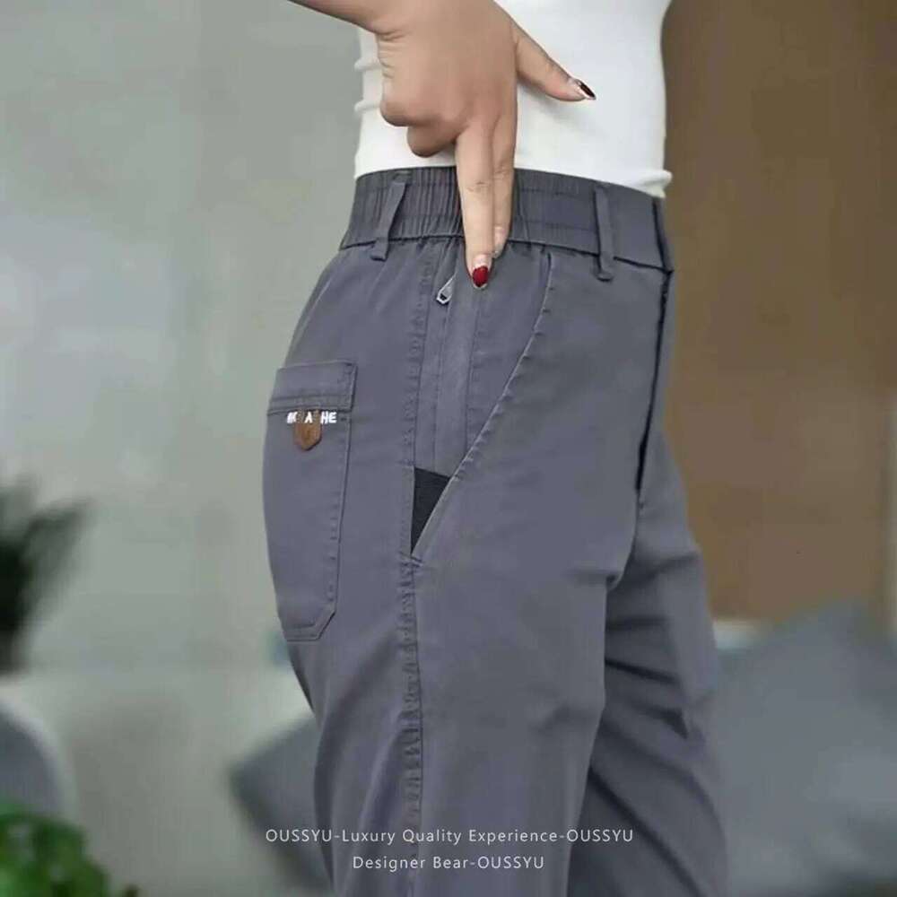 2026 Pantaloni con tasca con cerniera da uomo nuovi estivi sottili Tessuto Lyocell grigio elastico in vita Pantaloni cargo da lavoro dritti da lavor