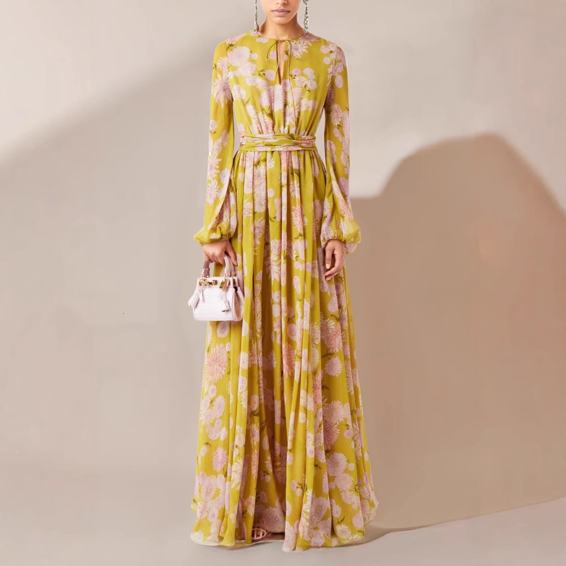 Luxury Elegant Women Maxi Floral Dress Summer Vacation Runway Long Sleeve Print Beach Crystal Beading Pleated Chiffon Dresses, Stunning Spring Dress