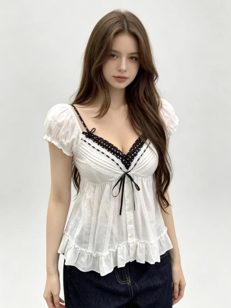 Women's Blouses White Lace Bow Short Sleeve V-Neck And Shirts Korean Style Elegant Vintage Fake Two-Piece Top For Women Summer