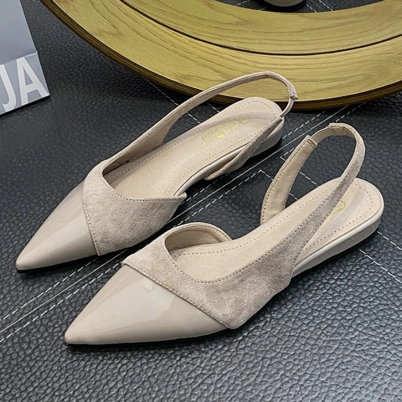 French Style Pointed Toe Low Heel Sandals Women Fashion Suede Leather Patchwork Flat Shoes Elegant Side Hollow Flats 260623