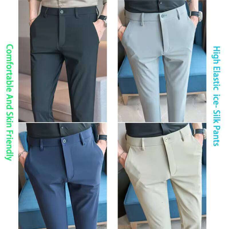2025 Summer Sunscreen High Elastic Cool Ice Silk Suit Pants for Men, Smooth Wrinkle Navy Business Casual Stretch Men's Trousers W260624