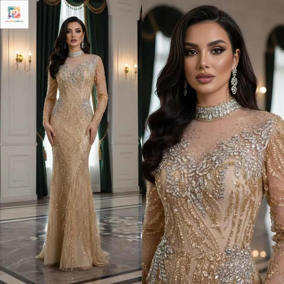 Luxury Muslim Bead Mermaid Evening Dress For Women High Neck Long Sleeves Formal Prom Party Vestidos De Fiesta Elegantes Mb618