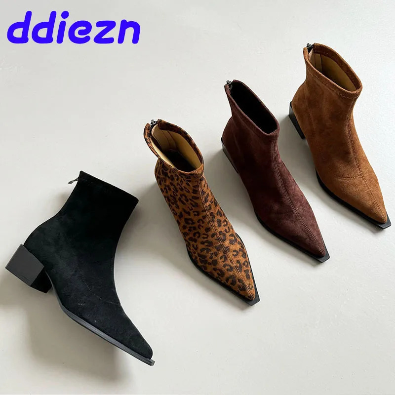 Calzado aterciopelado de moda, botines para mujer con cremalleras, zapatos con punta estrecha, botines elásticos cortos para mujer, zapatos de tacón
