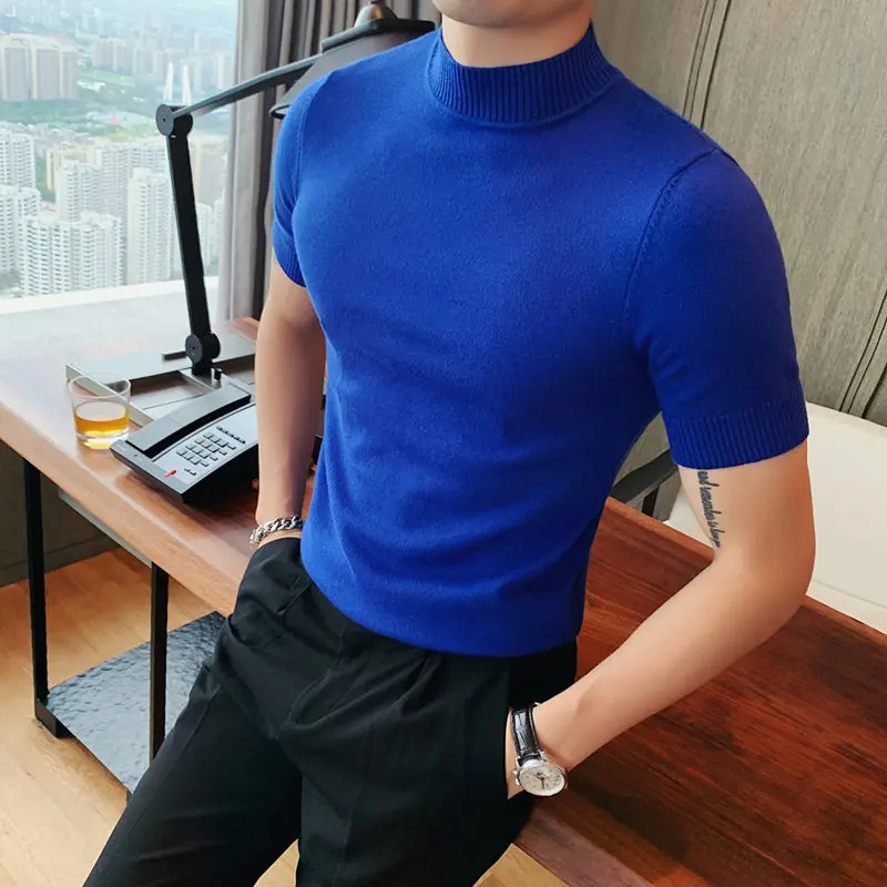 High Quality Men Half Turtleneck Knitted T Shirts Mens Autumn Short Sleeve Slim Fit Solid Pullovers Casual Stretched Sweater Tee 260624