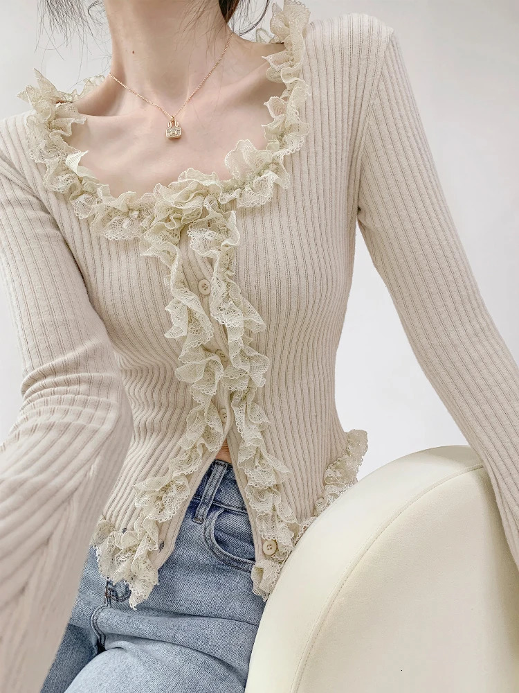 2026 Womens Retro Short Style Slim Tops Square Collar Lace Edge Splicing Long Sleeve Knitted Sweater Singlebreasted Cardigan 260623