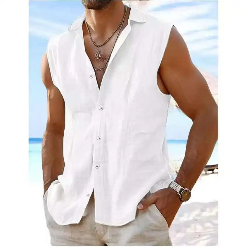Summer mens fitness and casual vest loosefitting sleeveless shirt linen material 260624