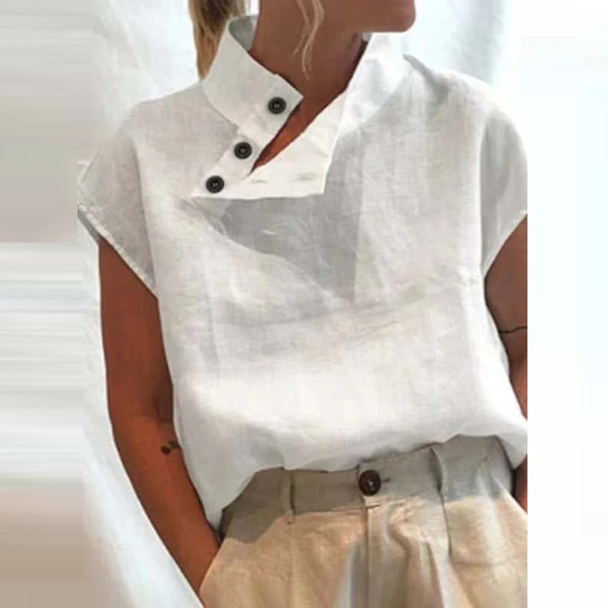 2026 Womens Cotton Linen Stand Collar Blouses Summer Cap Sleeves Solid Color Loose Fit Casual Fashion Shirts Tops 260623
