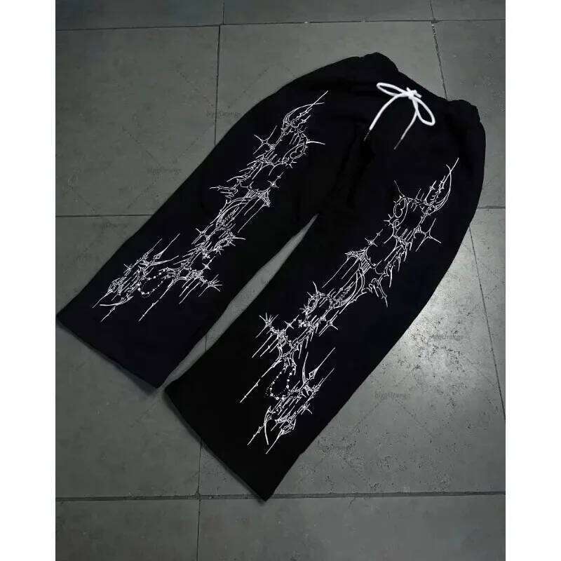 2026 Summer New Dark Gothic Style Black Loose White Thorn Flame Printed Casual Versatile Men's and Women's American Large Pants W260624