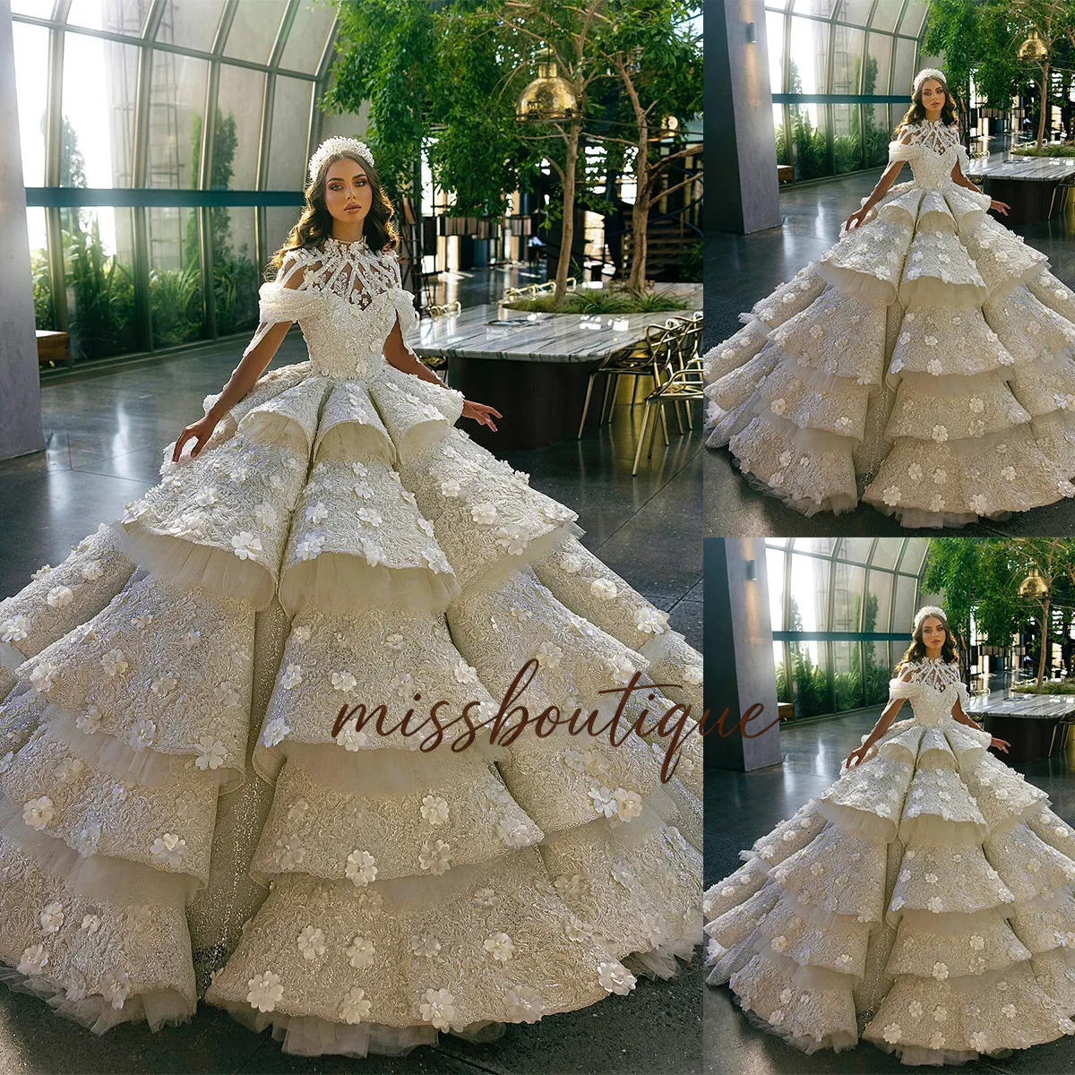 Gorgeous Ball Gown Wedding Dresses High Collar Long Sleeves Bridal Sequins 3D Appliques Tiers Sweep Train Princess Marriage Gowns Custom Made Q624