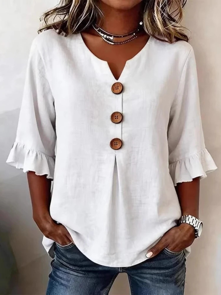 Summer Womens V-neck Cotton and Linen Button Top White Womens Tops Blouse Fashionable Commute Retro Blouse 260623