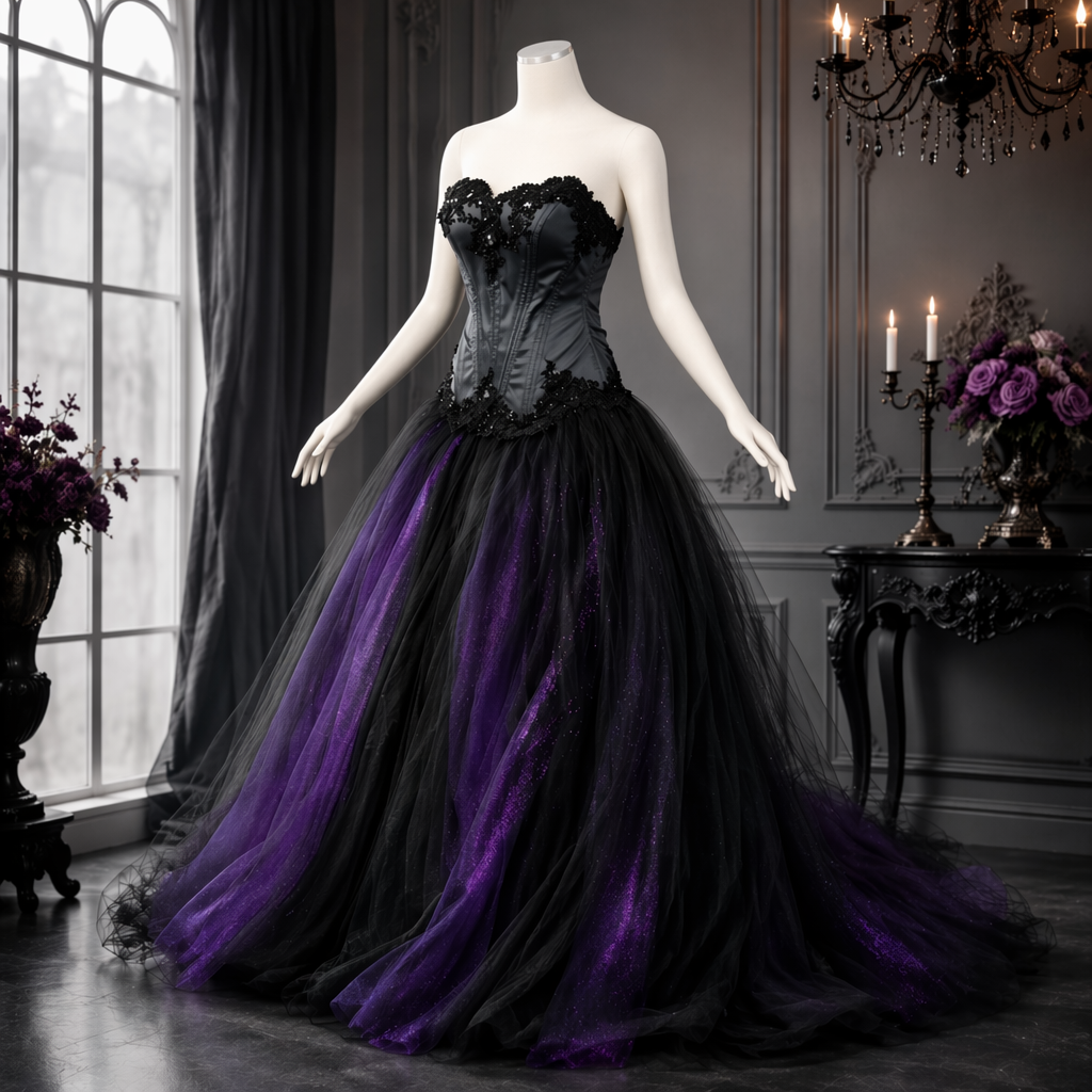Gothic Purple And Black Wedding Dresses Lace Appliques Corset Glitter Tulle Bridal Gowns Vintage Ball Gown Bride Dress