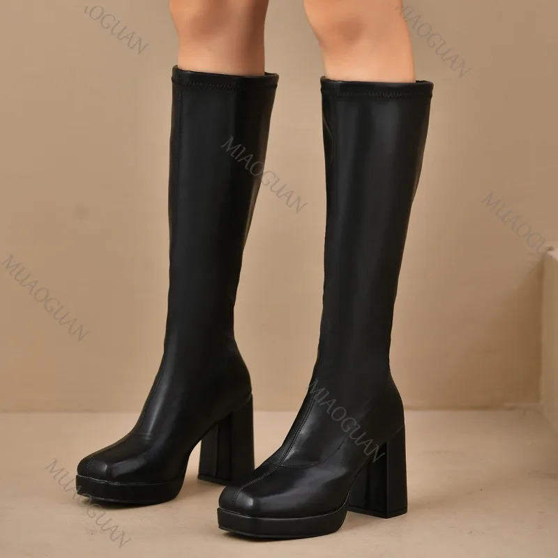 Boots for Women Square Heeled Chunky Platform Knee-High Boots Woman Autumn Thick Sole Square Toe Fashion Black Long Botas 260623