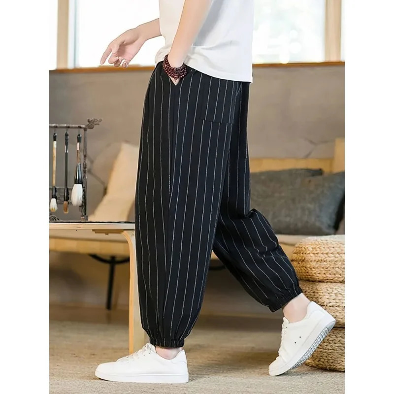 Summer Stripe Casual Jogger Pants Men Ice silk Baggy Trousers Male Walking Wide leg Loose Sweatpants Streetwear 260618