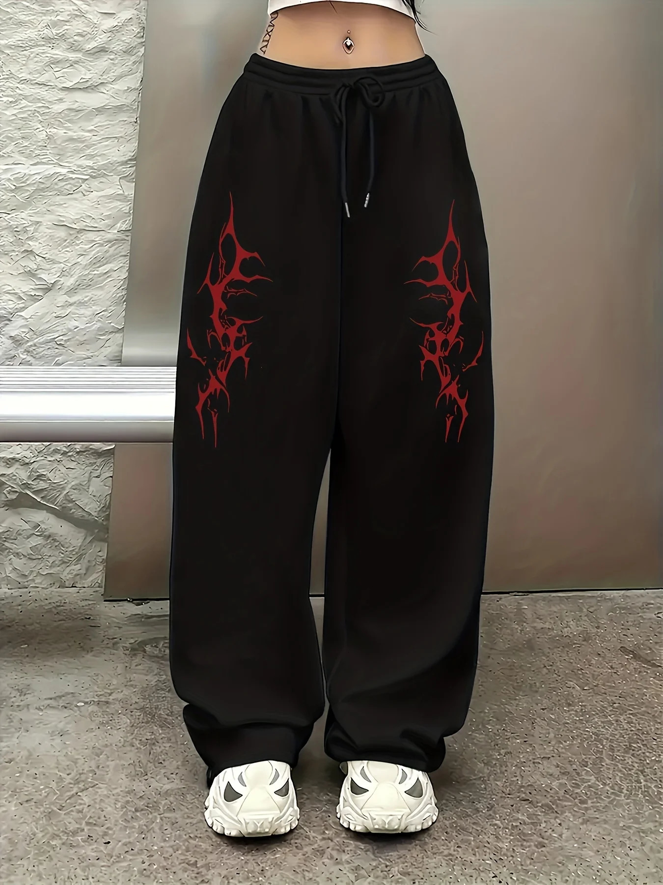WomenS Casual HipHop Street Style Printed Jogger Pants Loose Fit Drawstring Waist Cotton Knit Stretch Fabric 260623