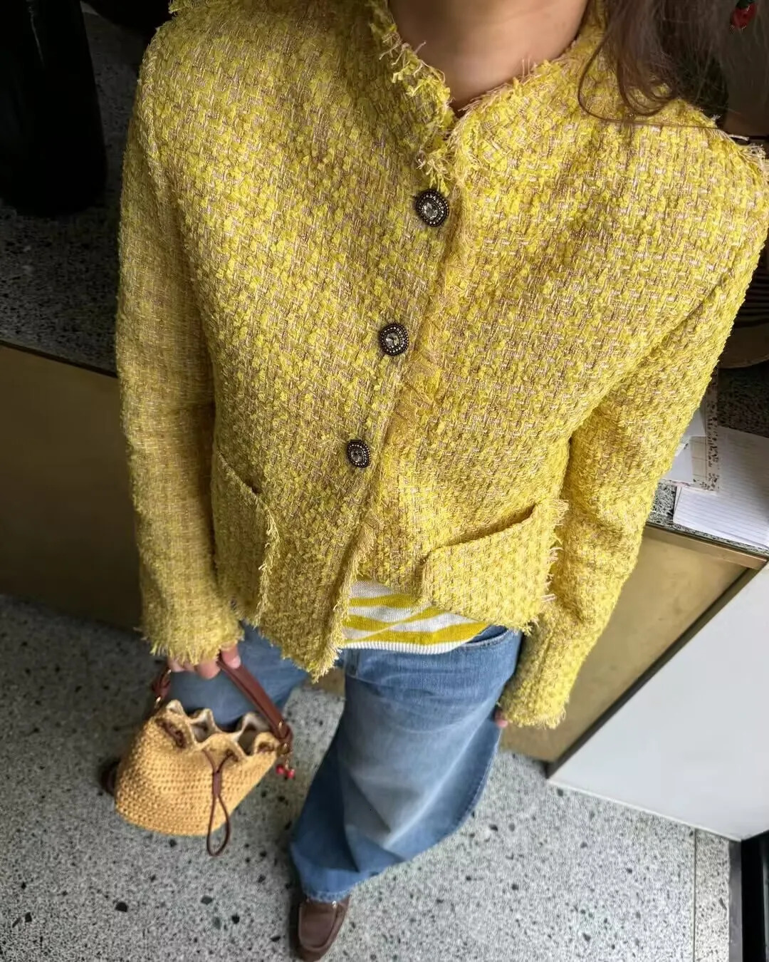Autumn Winter Elegant Woolen Coat For Women Tassel n Fashionable O-Neck Sweet Yellow Tweed Jackets Korean Style Coats 260618
