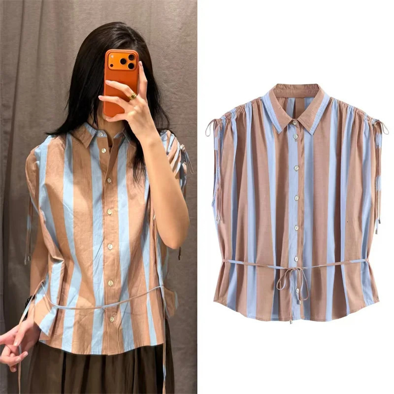 Womens Shirt 2026 Summer Style MultiColor Striped Sleeveless TieDecorated Loose Casual Fashion Versatile Personal 260623