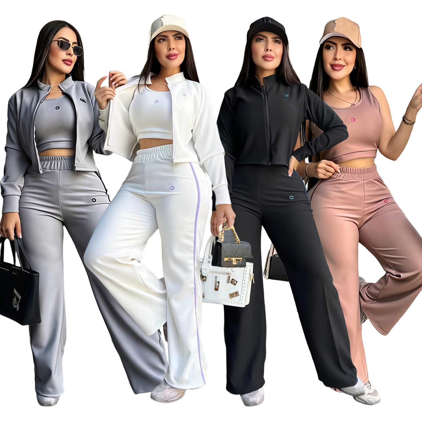 Women 3 Piece Tracksuit Outfit Zip Up Cropped Jacket Tank Top Wide Leg Pants Set Soft High Stretch Casual Lounge Workout Sports Suit