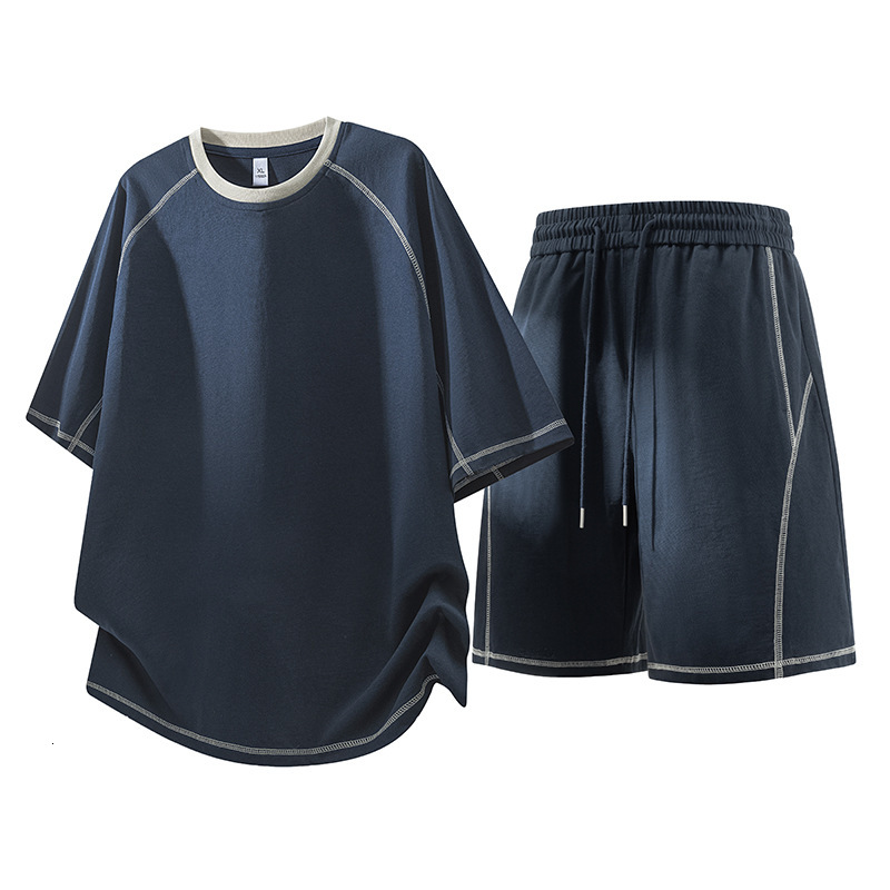 Sportswear T Shirt Shorts Plus-Size Summer Thin Ice Silk Quick-Dry Color-Blocked Hasselblad Line Short-Sleeve Two-Piece Men's Loose Casual Spor