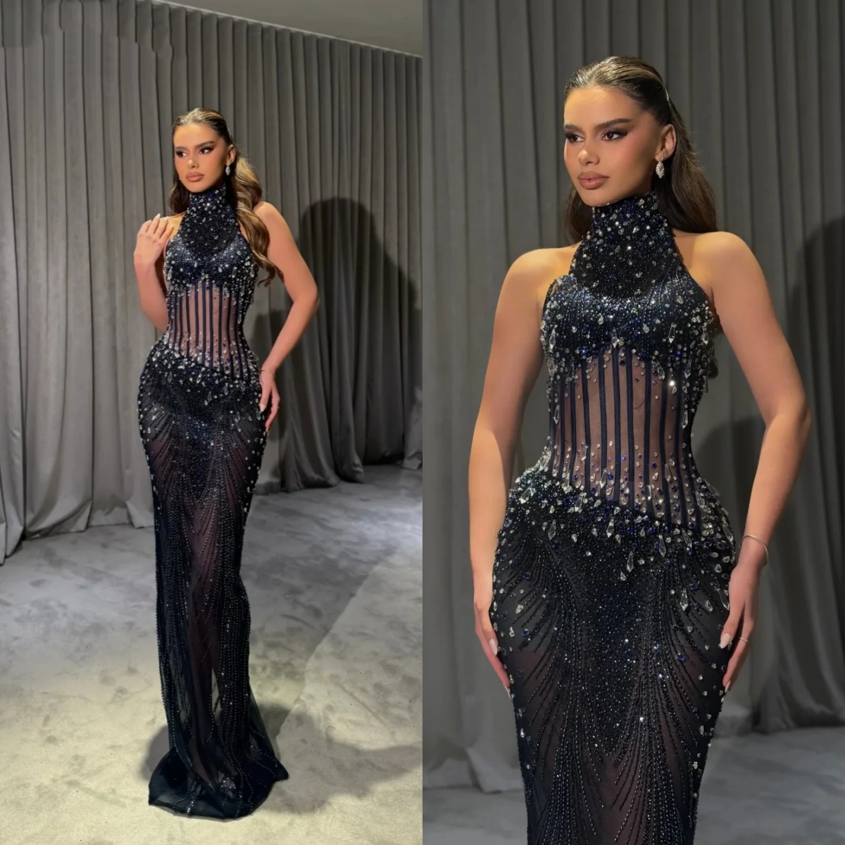 Vintage Evening Dresses Crystal High Neck Illusion Mermaid Prom Dress Sleeveless Sequins Customized Party Gown Vestidos De Noche Plus Size