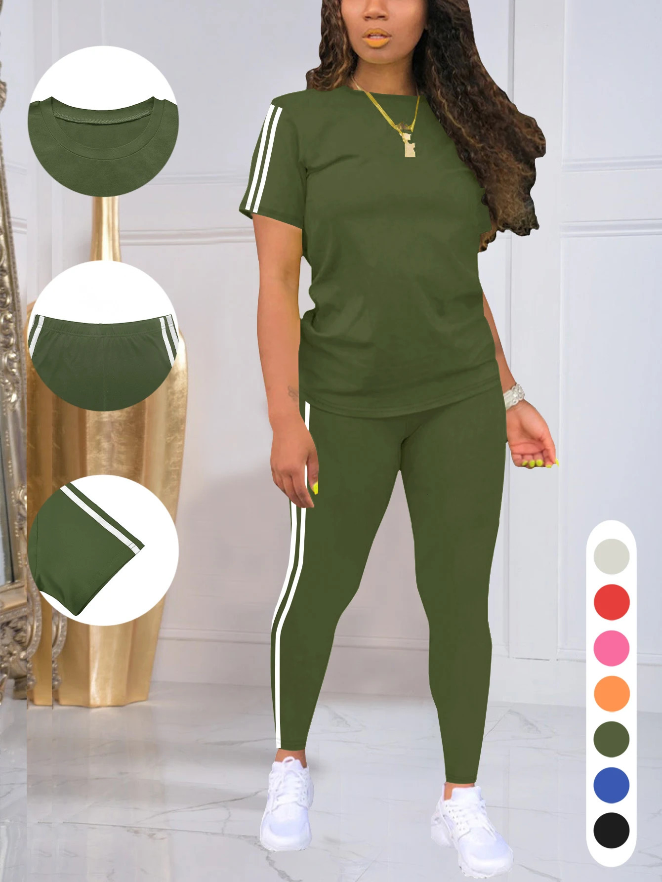 Womens SideStriped Summer Sportswear Set Short Sleeve Long Pants Breathable Base Layer Clothing Colorful Casual Outfit 260623