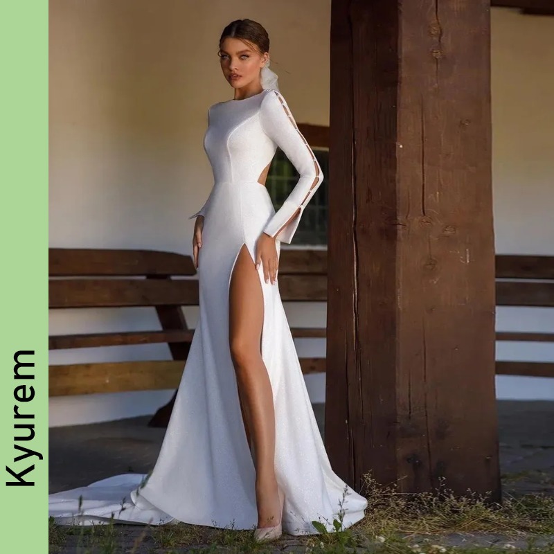 Satin Women's Wedding Dresses with Pearl Long Sleeves Sexy Open Back Side Split Bride Dresses Bridal Gowns Vestidos De Novia