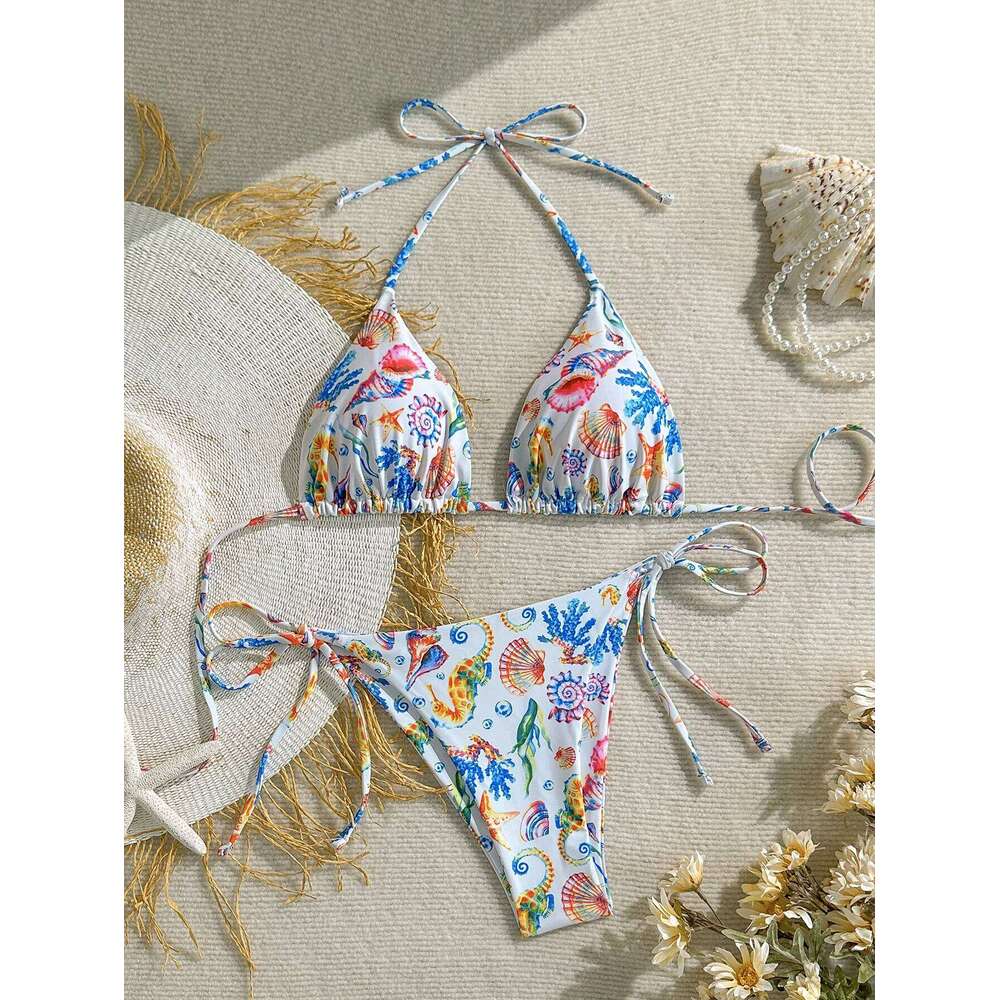 Women's Bikini Swimsuit, Two-Piece Set, Shell Marine Animal Print, Tie-Up Triangle Top and Thong Bottoms, Sexy Beach Vacation Swimwear W260624