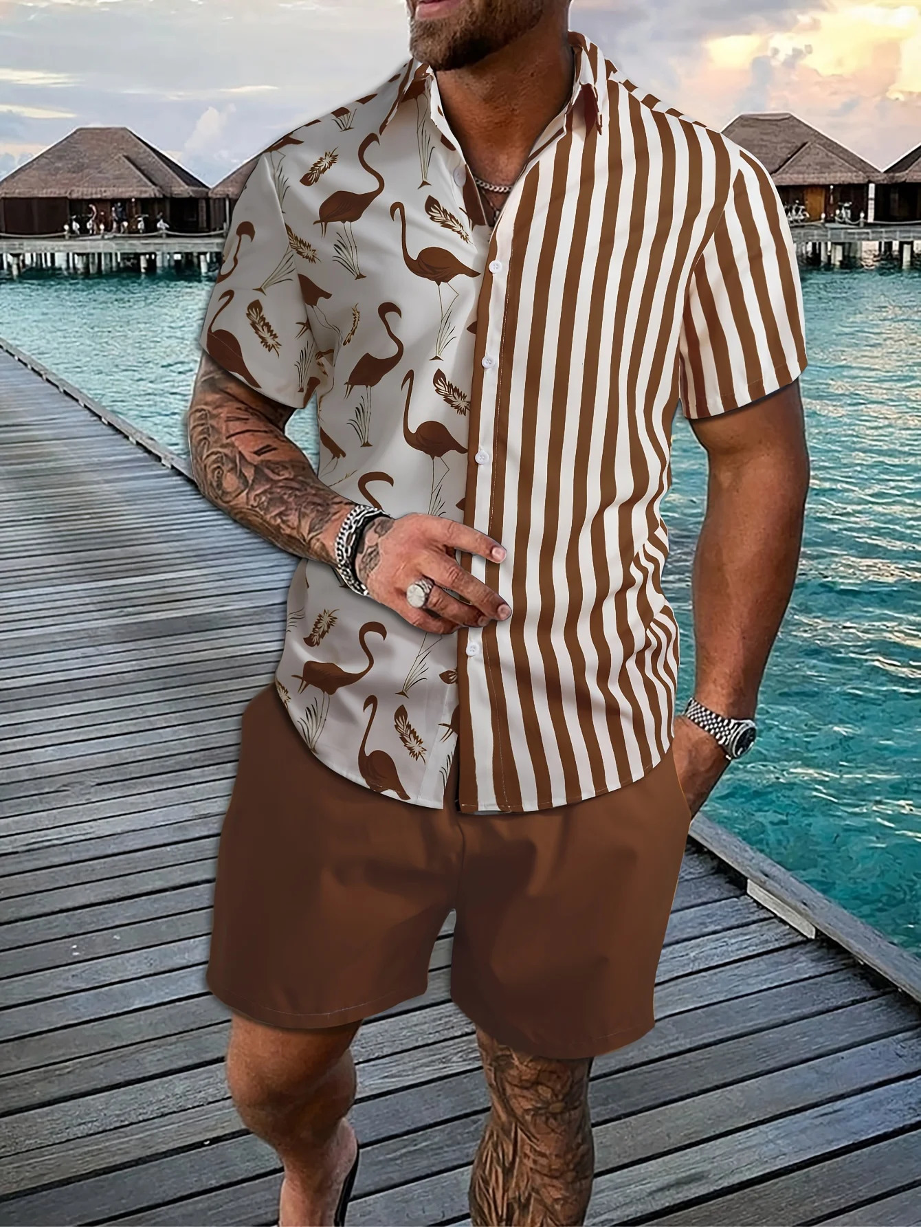 2025 HawaiianStyle Mens Beach Shorts Casual Summer Shirt Set Everyday Fashion Striped Print ShortSleeve 260615