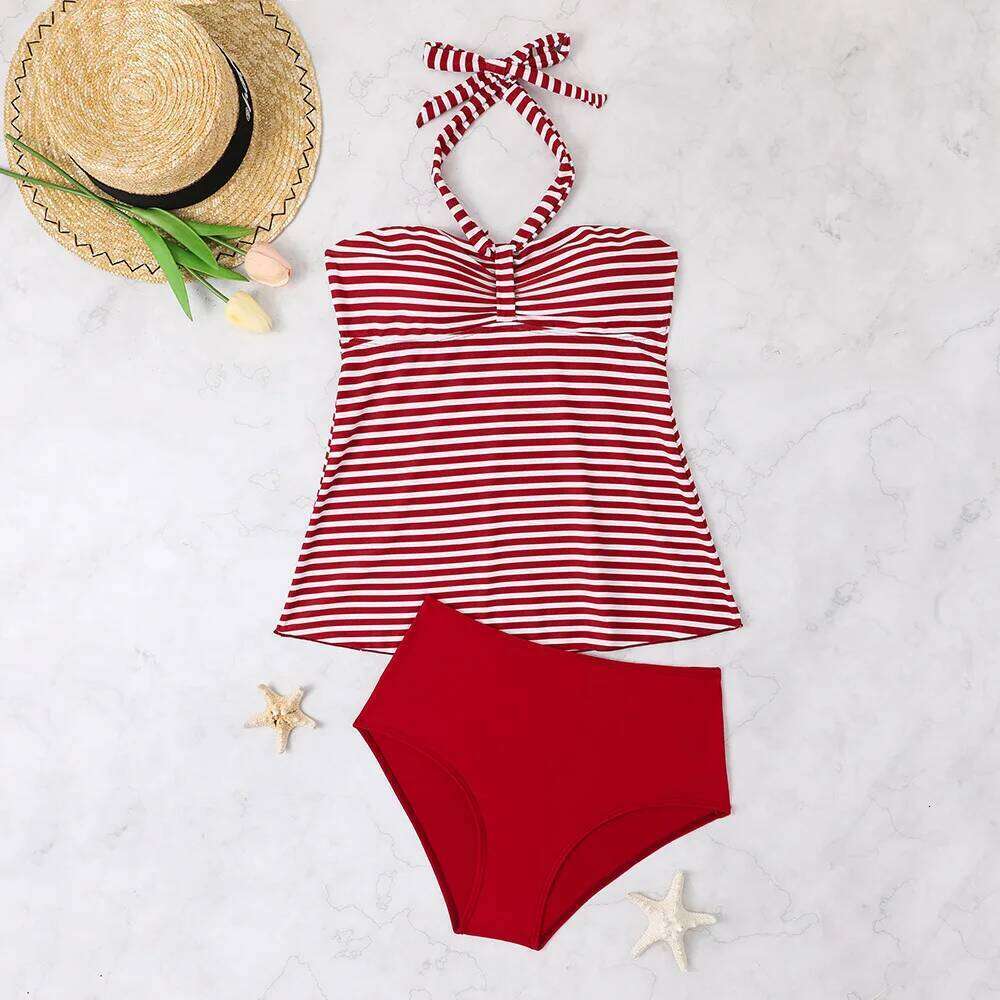 Women's Bathing Suit Two Pieces Halter Striped Print Tankini Set Summer Sexy Beach Wear High Waisted Swimwear Women Swimsuit XXL W260624