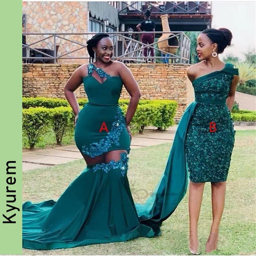 Green Mermaid Bridesmaid Dresses Lace Appliques Elastic Satin Plus Size for Women Asymmetrical One-shoulder Empire Customizable