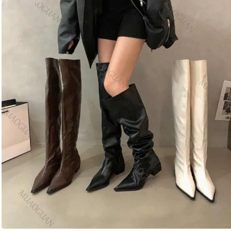 Women Over The Knee High Boots Fashion Suede Pointed Toe Shoes Autumn Winter Thick Middle Heel Western Cowboy Long Botas Mujer 260623