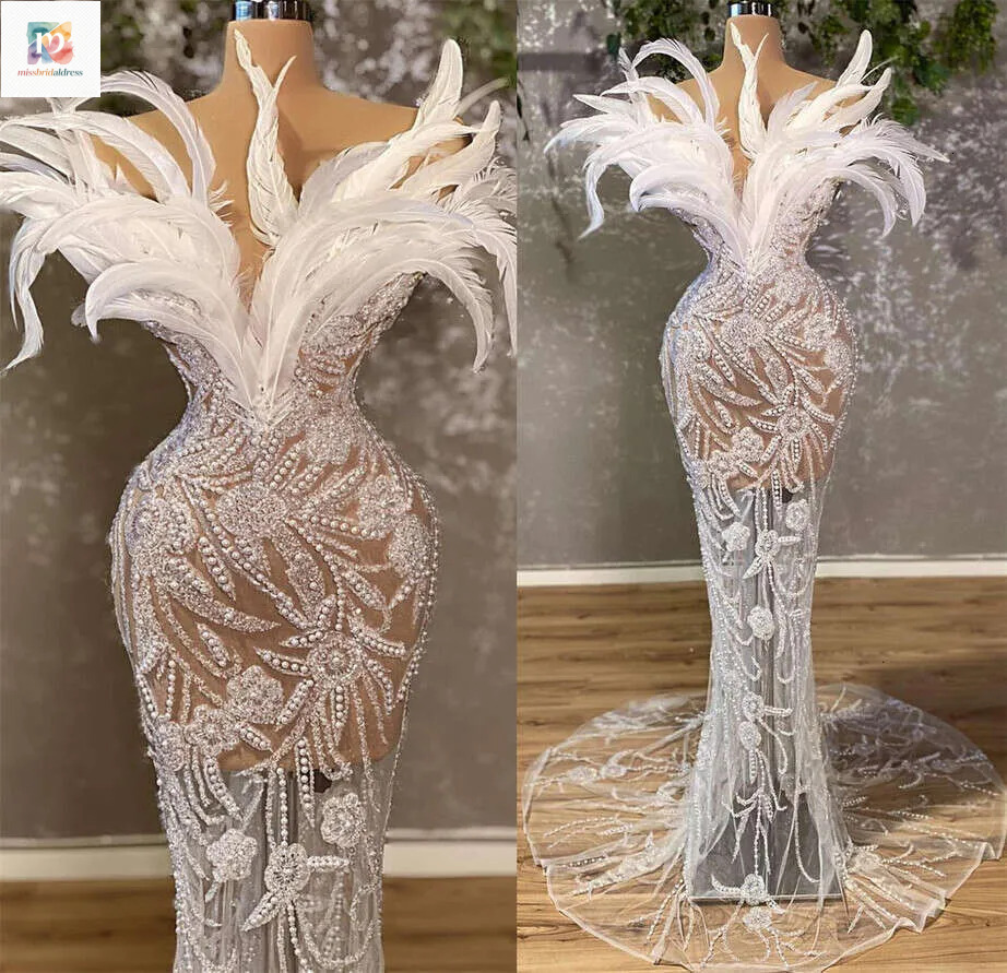 Plus Size Arabic Aso Ebi Mermaid Wedding Dress Sparkly Beaded Crystals Bridal Gowns Mb618