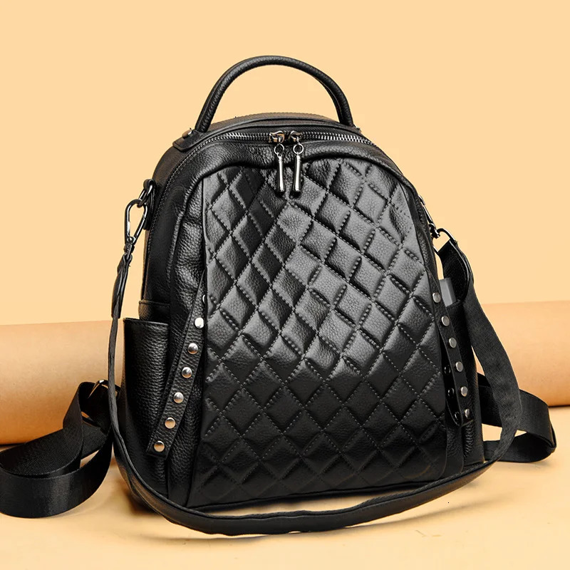 Women Genuine Leather Backpack Lozenge Soft Cowhide Shoulder Bags Casual Large Capacity Travel Ladies Back pack School 260615