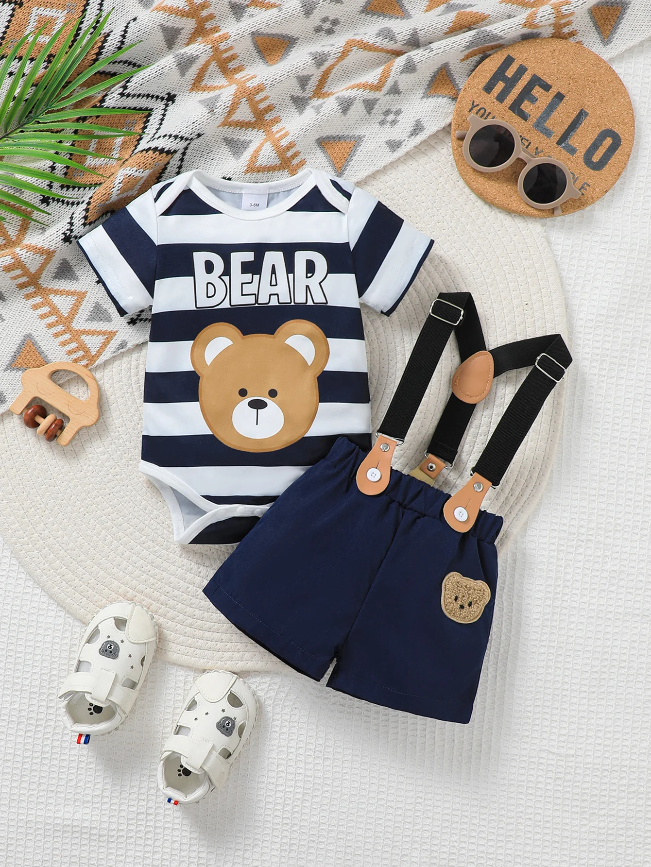 Baby Boy Spring Summer Outfit Set Cute Cartoon Letter Bear Print Striped Short Sleeve Onesie with Bear Decorated Overalls Shorts260624