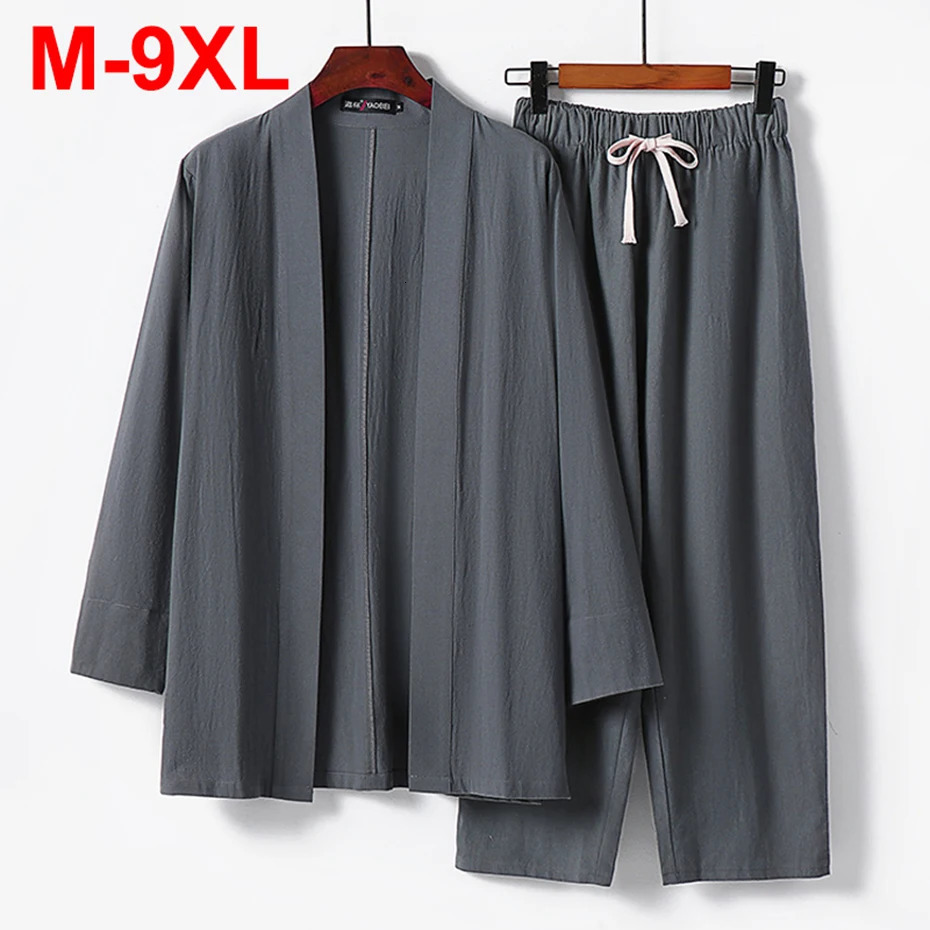 9XL Plus Size Shirts Pants Sets Japan Style Cotton Linen Kimono Suits Man Big Summer and 8XL 7XL 260615
